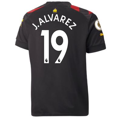 Kids' Manchester City Away Jersey 2022/23 with J. ALVAREZ printing