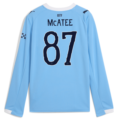 Camiseta local de manga larga para niños del Manchester City 2025/26 con estampado McATEE 87