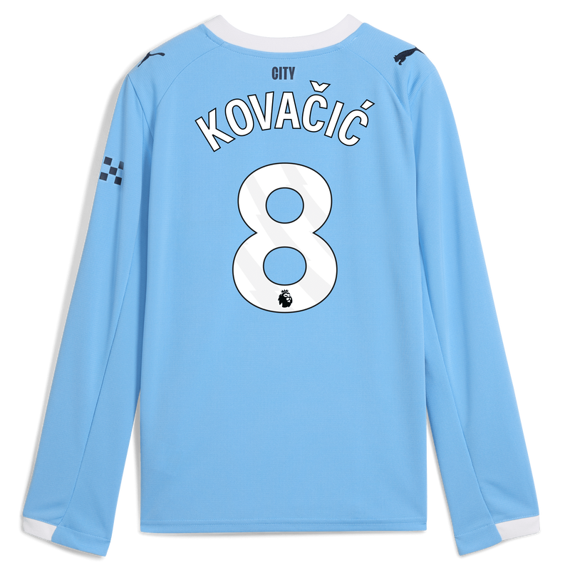 Kids' Man City Home Jersey 2025/26 Long Sleeve With KOVAČIĆ 8 Printing  blue unisex - Size 11/12 from polyester  - Official Manchester City FC store