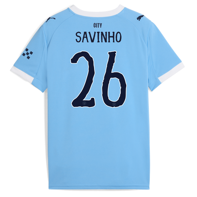 Kids' Manchester City Home Jersey 2025/26 With SAVINHO 26 Printing