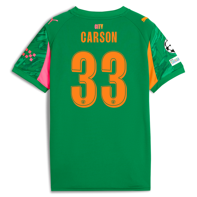 Manchester City Keeper Shirt Kinderen 2025/26 met CARSON 33 bedrukking green -Bekijk alle Man City t-shirts online - Officiële Manchester City FC shop