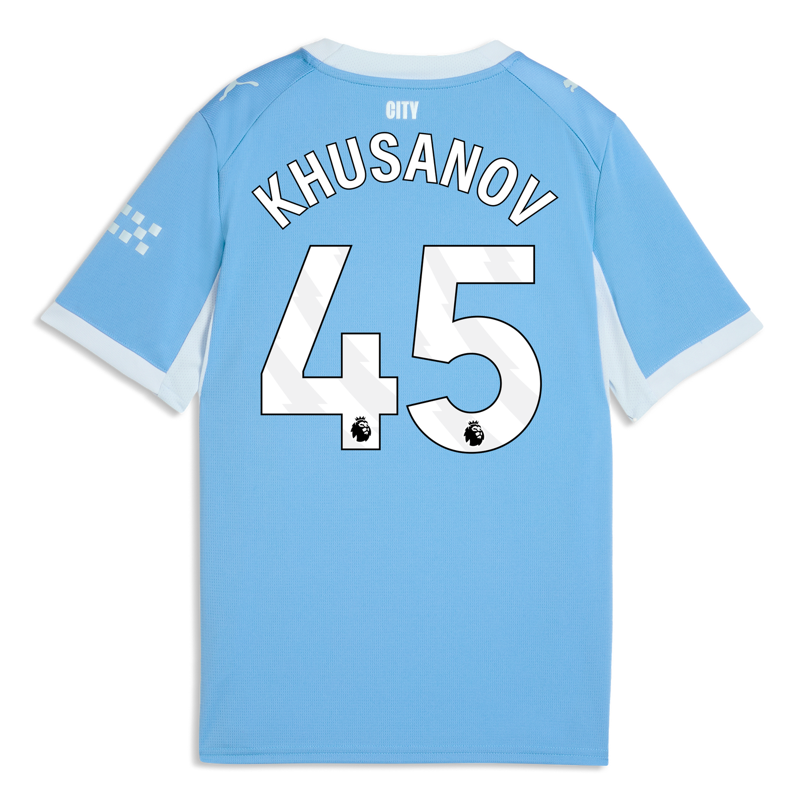 Kids' Manchester City Home Jersey 2026/27 With KHUSANOV 45