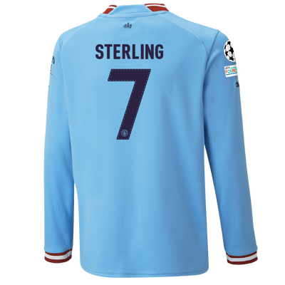 Kids' Manchester City Home Jersey 22/23 Long Sleeve with STERLING 7 printing