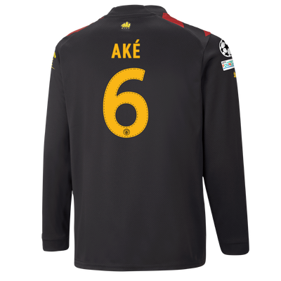 Kids' Manchester City Away Jersey 2022/23 long sleeve with AKÉ 6 printing