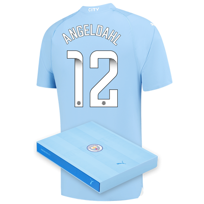 Camiseta Authentic 1ª Equipación Manchester City 2023/24 con estampado de ANGELDAHL 12 en caja de regalo