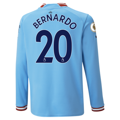 Kids' Manchester City Home Jersey 22/23 Long Sleeve with BERNARDO 20 printing