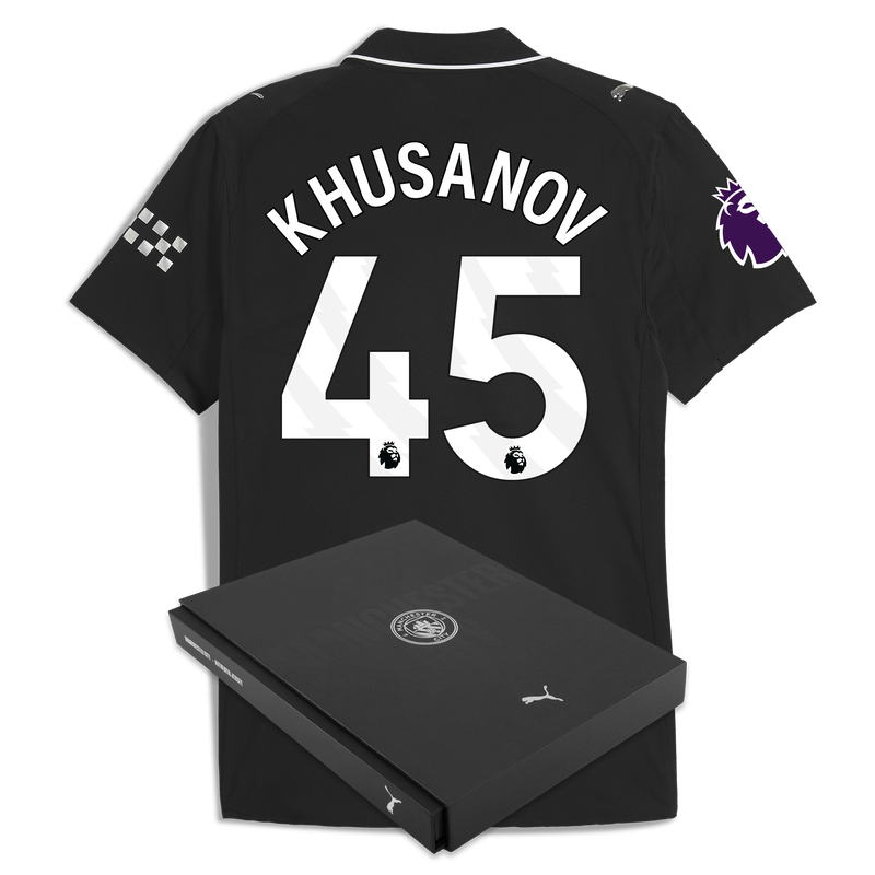 Man City Away Authentic Jersey 2025/26 With KHUSANOV 45 Printing in Gift Box black - Check out all Manchester City t-shirts online