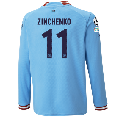 Kids' Manchester City Home Jersey 22/23 Long Sleeve with ZINCHENKO 11 printing