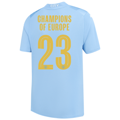 Kids' Manchester City Home Jersey 2023/24 with CHAMPIONS OF EUROPE 23 printing
