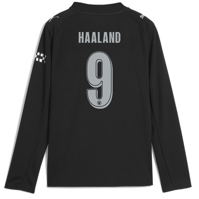 Kids' Manchester City Away Jersey 2025/26 Long Sleeve With HAALAND 9 Printing
