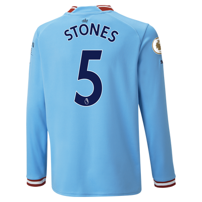 Kids' Manchester City Home Jersey 22/23 Long Sleeve with STONES 5 printing