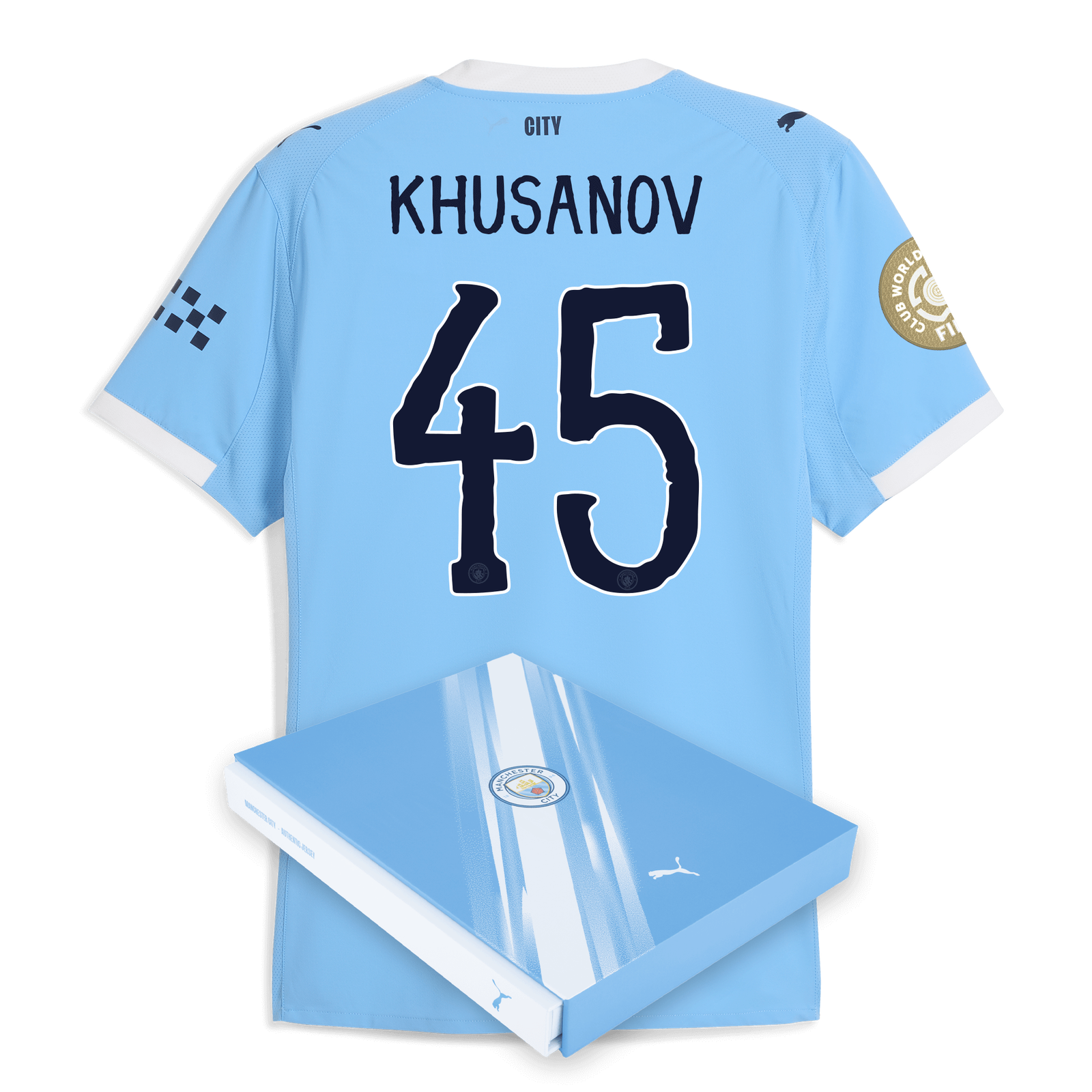 マンチェスター・シティ クサノフ　KHUSANOV 45 シャツ M マンチェスター・シティ 2025/26 アウェイ KHUSANOV 45プリント