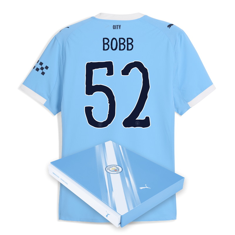 Man City Home Authentic Jersey 2025/26 With BOBB 52 Printing in Gift Box  blue - Check out all Manchester City t-shirts online
