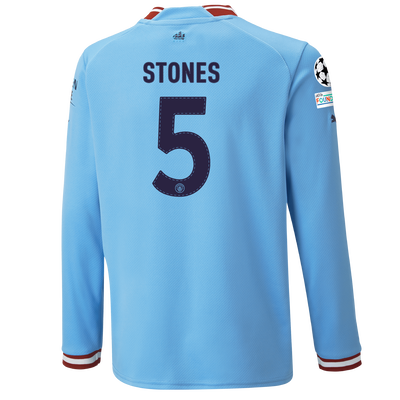 Kids' Manchester City Home Jersey 22/23 Long Sleeve with STONES 5 printing