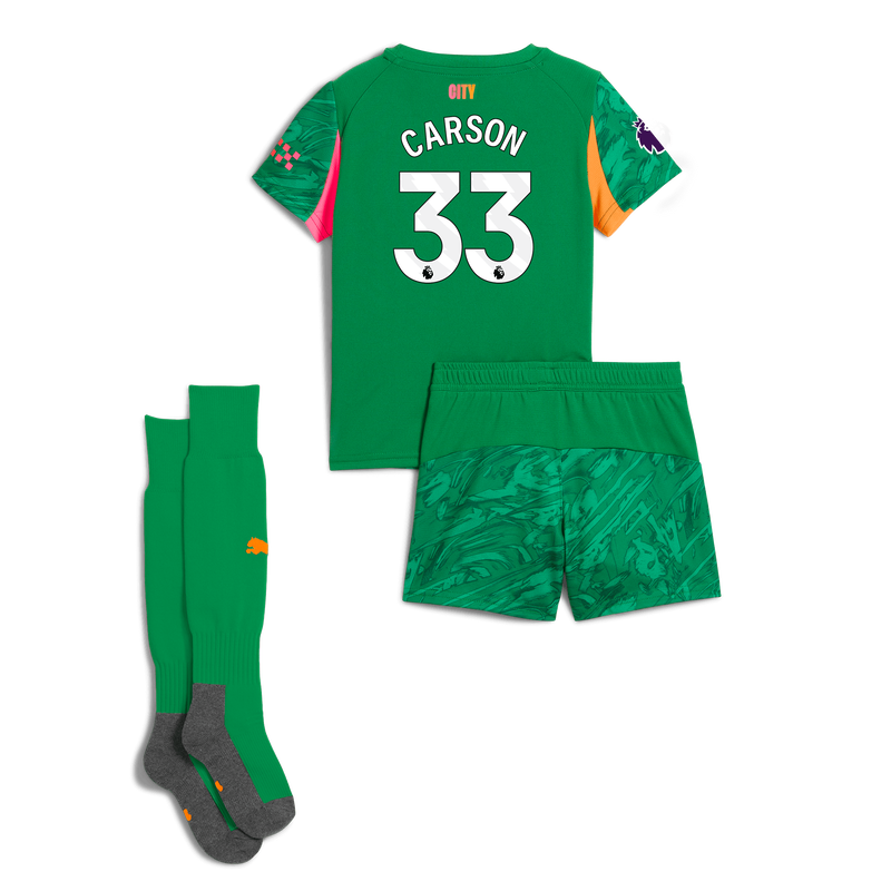 Kids' Man City Goalkeeper Mini Kit 2025/26 With CARSON 33 Printing green unisex - Size 3/4 from polyester  - Official Manchester City FC store