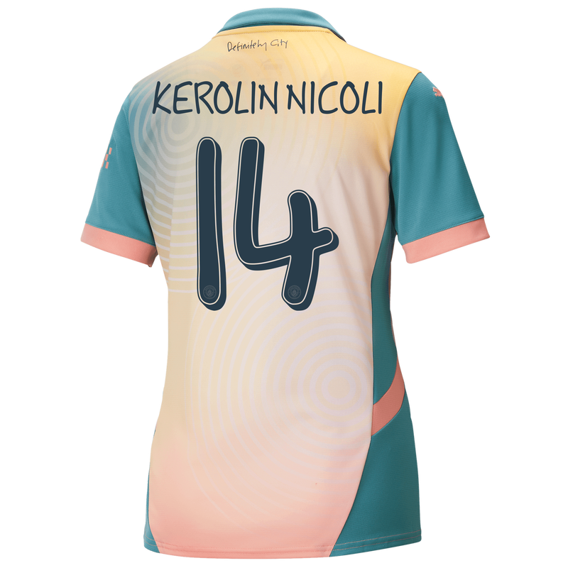 Women's Man City 'Definitely City' Jersey 24/25 With KEROLIN NICOLI 14 printing pink - Check out all Manchester City t-shirts online