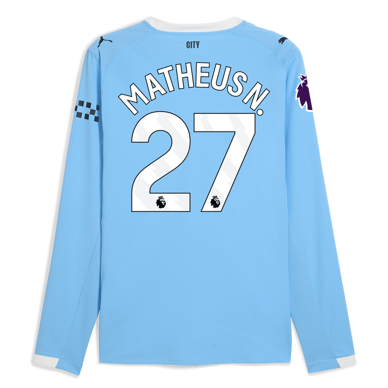Manchester City Authentiek Thuisshirt 2025/26 met lange mouwen en MATHEUS N. bedrukking  blauw - Maat XXL van polyester voor heren