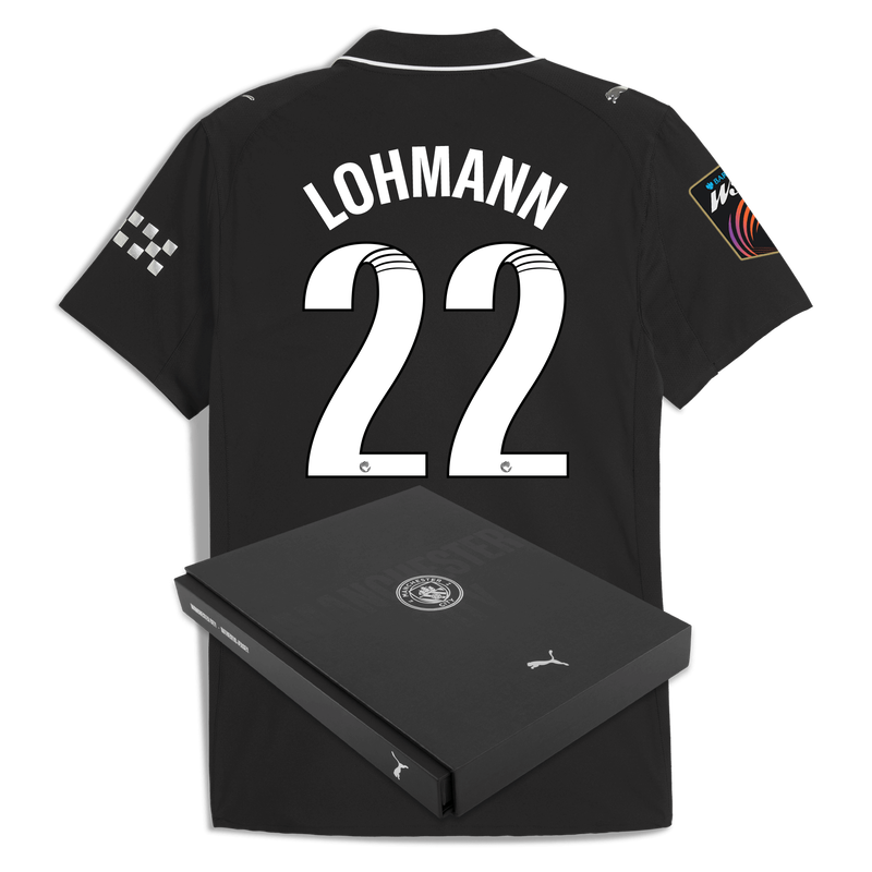 Man City Away Authentic Jersey 2025/26 With LOHMANN 22 Printing in Gift Box black - Check out all Manchester City t-shirts online