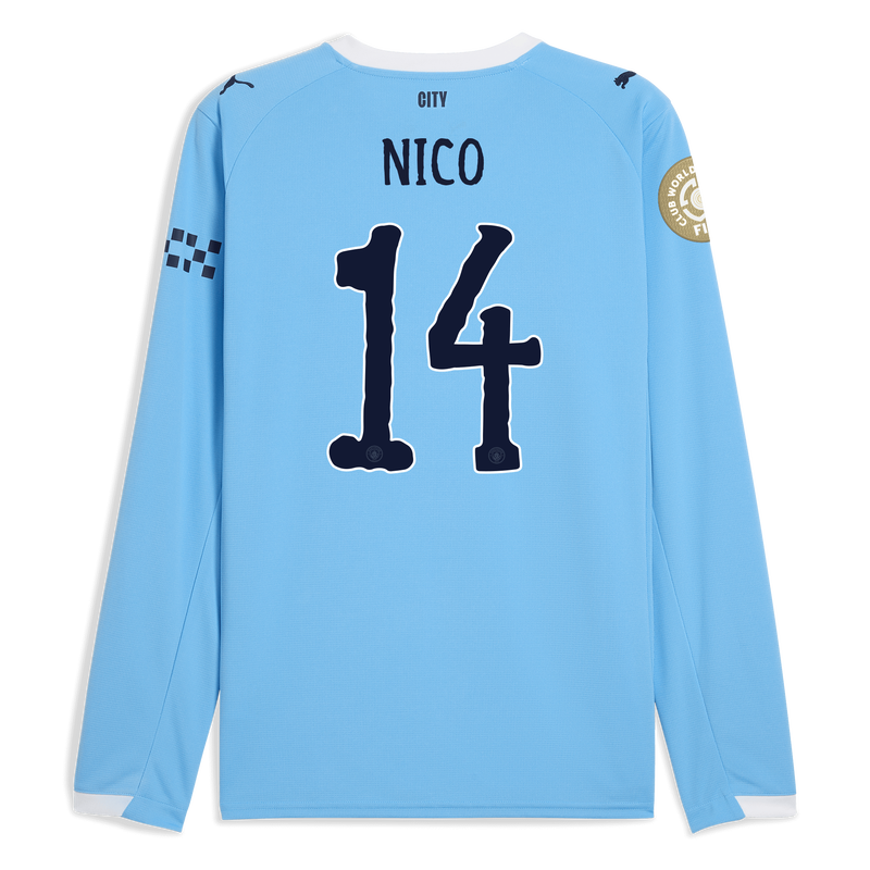 Man City Home Jersey 2025/26 Long Sleeve With NICO 14 Printing  blue - Size 3XL from polyester for males  - Official Manchester City FC store