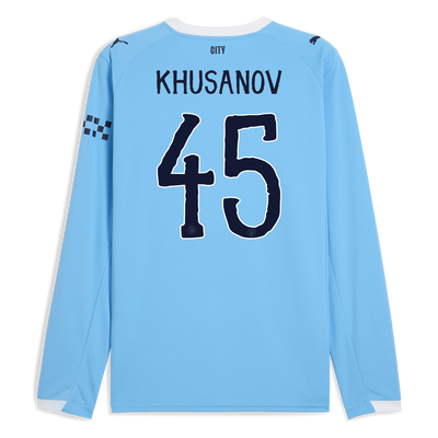 Manchester City Home Jersey 2025/26 Long Sleeve With KHUSANOV 45 Printing