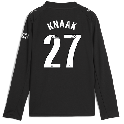 Kids' Manchester City Away Jersey 2025/26 Long Sleeve With KNAAK 27 Printing