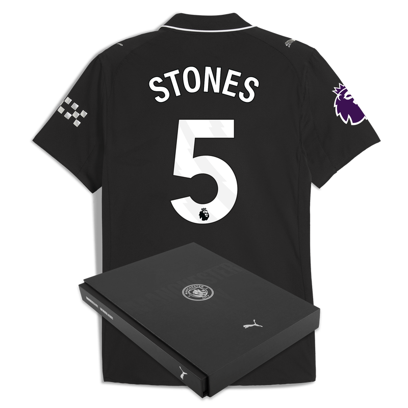 Man City Away Authentic Jersey 2025/26 With STONES 5 Printing in Gift Box black - Check out all Manchester City t-shirts online