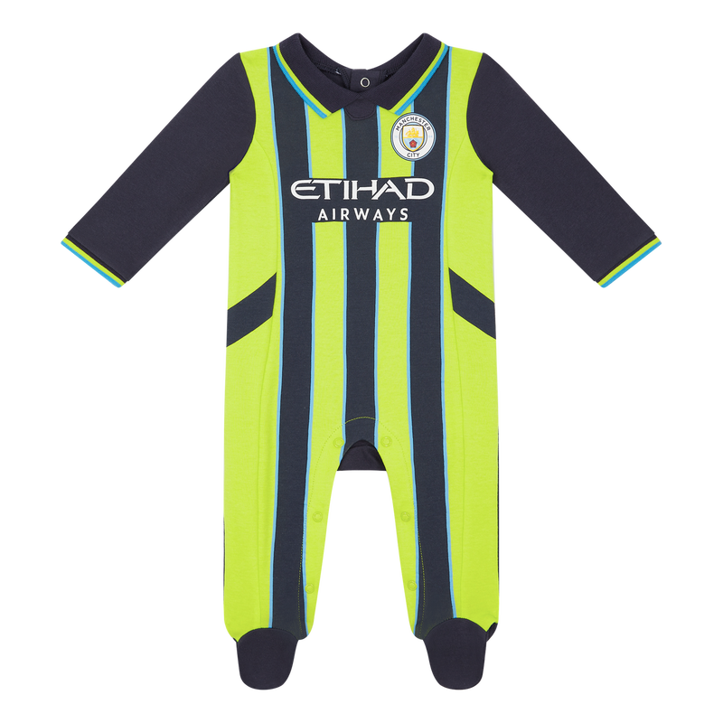 Man City 24/25 Away Baby Sleepsuit yellow / navy - Check out all Manchester City one piece online - Official Manchester City FC store