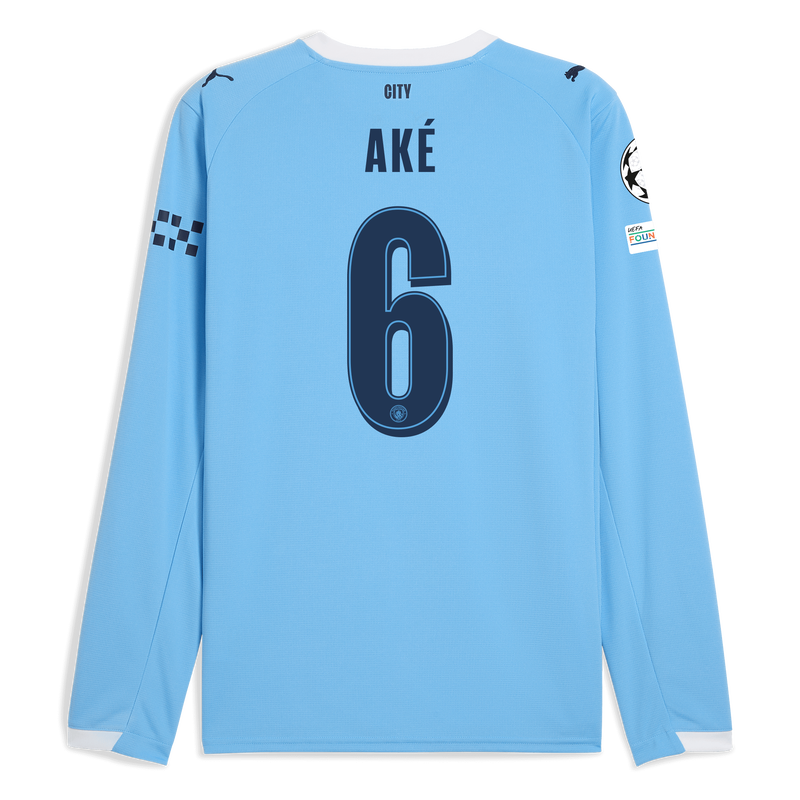 Man City Home Jersey 2025/26 Long Sleeve With AKÉ 6 Printing  blue - Size S from polyester for males  - Official Manchester City FC store