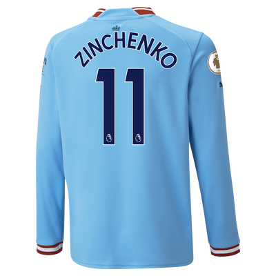 Kids' Manchester City Home Jersey 22/23 Long Sleeve with ZINCHENKO 11 printing
