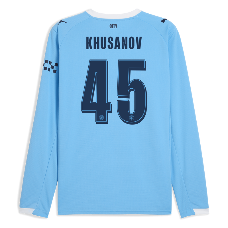 Man City Home Jersey 2025/26 Long Sleeve With KHUSANOV 45 Printing  blue - Size XXL from polyester for males  - Official Manchester City FC store
