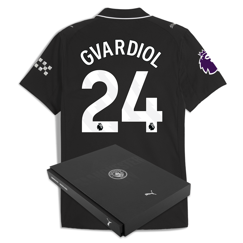 Man City Away Authentic Jersey 2025/26 With GVARDIOL 24 Printing in Gift Box black - Check out all Manchester City t-shirts online