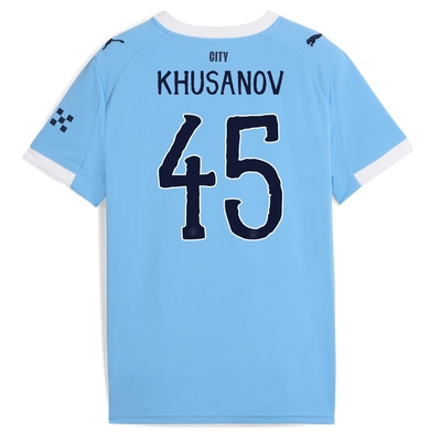 Kids' Manchester City Home Jersey 2025/26 With KHUSANOV 45 Printing