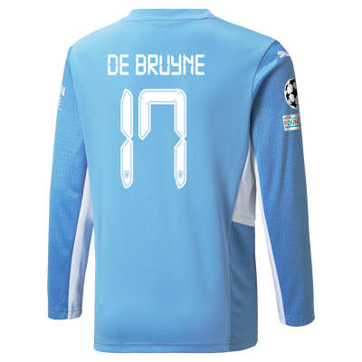 Kids Manchester City Home Longsleeve Shirt 21/22 with Kevin de Bruyne printing