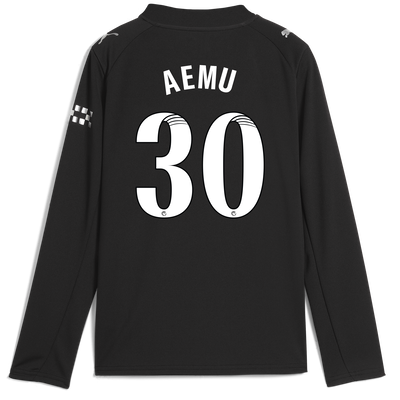 Kids' Manchester City Away Jersey 2025/26 Long Sleeve With AEMU 30 Printing