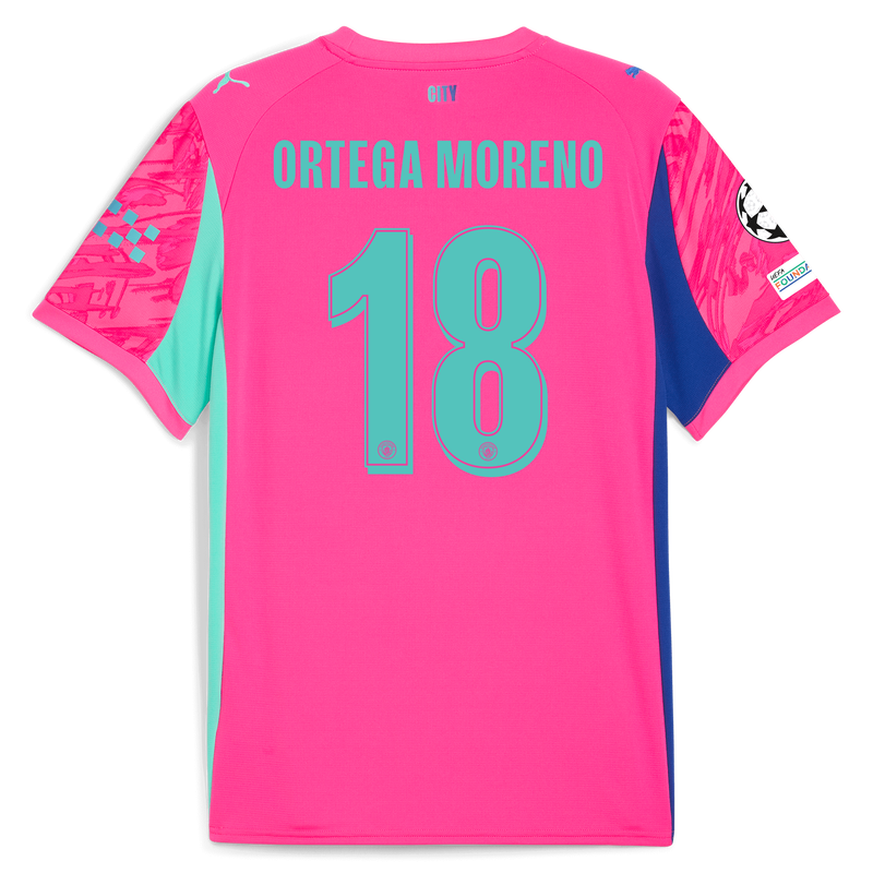 Manchester City Keeper Shirt Kinderen 2025/26 met ORTEGA MORENO 18 bedrukking pink -Bekijk alle Man City t-shirts online - Officiële Manchester City FC shop