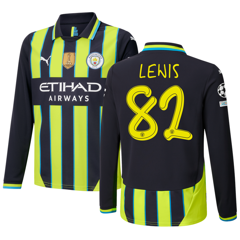 Kids' Man City Away Jersey 24/25 Long Sleeve  With LEWIS 82 Printing new navy - Check out all Manchester City t-shirts online
