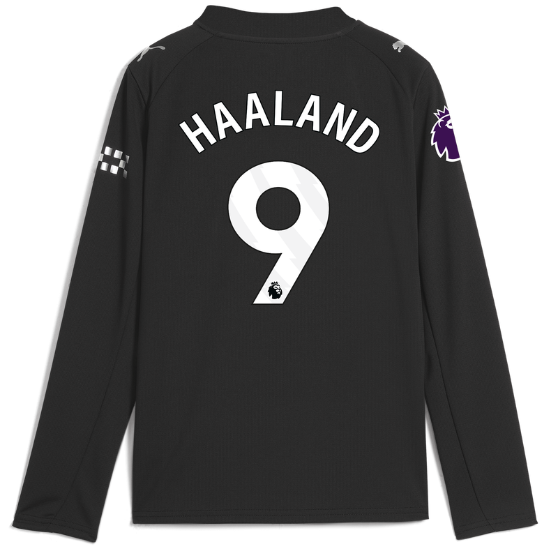 Kids' Man City Away Jersey 2025/26 Long Sleeve With HAALAND 9 Printing black unisex - Size 5/6 from polyester  - Official Manchester City FC store