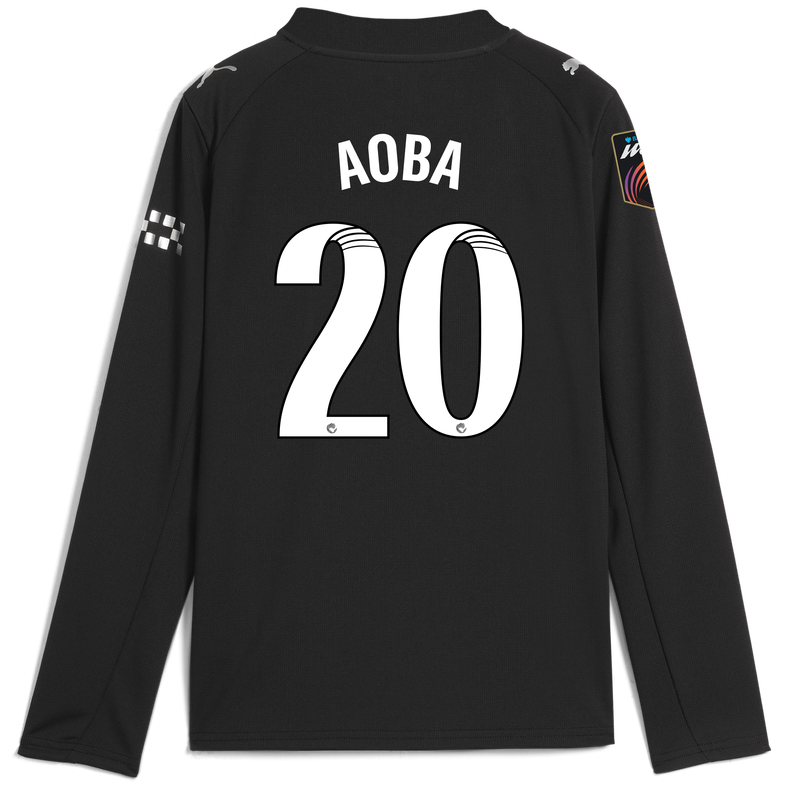 Kids' Man City Away Jersey 2025/26 Long Sleeve With AOBA 20 Printing black - Check out all Manchester City t-shirts online