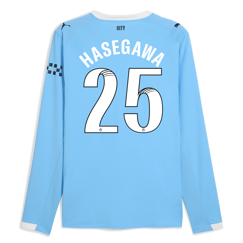 Manchester City Authentiek Thuisshirt 2025/26 met lange mouwen en HASEGAWA 25 bedrukking  blauw - Maat XL van polyester voor heren