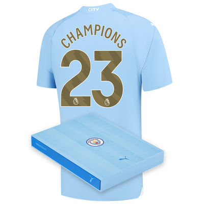 Camiseta Authentic 1ª Equipación Manchester City 2023/24 con estampado de CHAMPIONS en caja de regalo