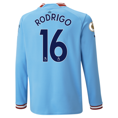 Kids' Manchester City Home Jersey 22/23 Long Sleeve with RODRIGO 16 printing