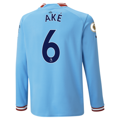 Kids' Manchester City Home Jersey 22/23 Long Sleeve with AKÉ 6 printing