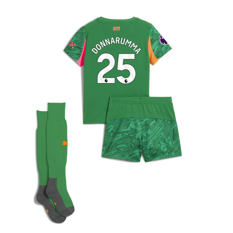Kids' Man City Goalkeeper Mini Kit 2025/26 With DONNARUMMA 25 Printing green - Check out all Manchester City t-shirts online
