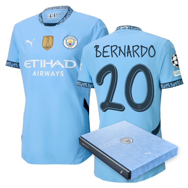 Man City Authentic Home Jersey 24/25 with BERNARDO 20 printing in Gift Box  blue - Check out all Manchester City t-shirts online