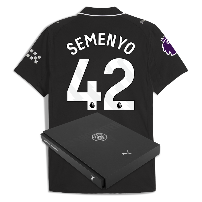 Man City Away Authentic Jersey 2025/26 With SEMENYO 42 Printing in Gift Box black - Check out all Manchester City t-shirts online