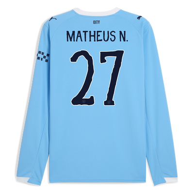 Manchester City Home Jersey 2025/26 Long Sleeve With MATHEUS N. 27 Printing