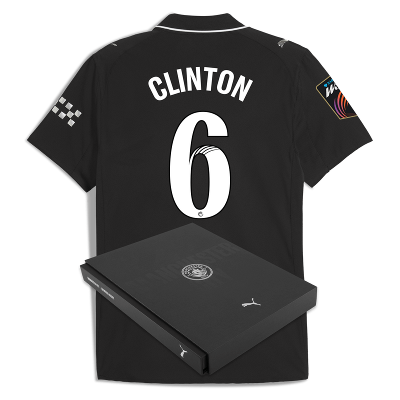 Man City Away Authentic Jersey 2025/26 With CLINTON 6  Printing in Gift Box black - Check out all Manchester City t-shirts online