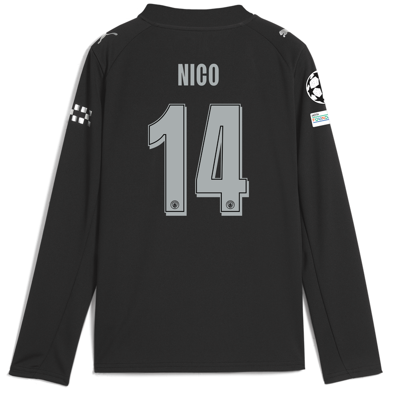 Kids' Man City Away Jersey 2025/26 Long Sleeve With NICO 14 Printing black unisex - Size 11/12 from polyester  - Official Manchester City FC store