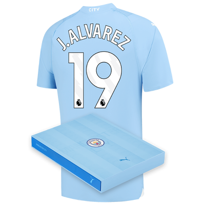 Maillot Authentique Manchester City Domicile 2023/24 avec flocage J. ALVAREZ 19 dans une boîte cadeau