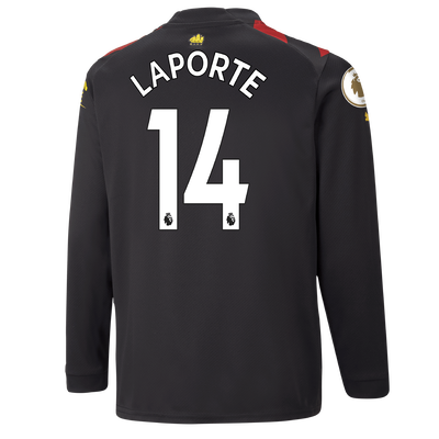 Kids' Manchester City Away Jersey 2022/23 long sleeve with LAPORTE 14 printing